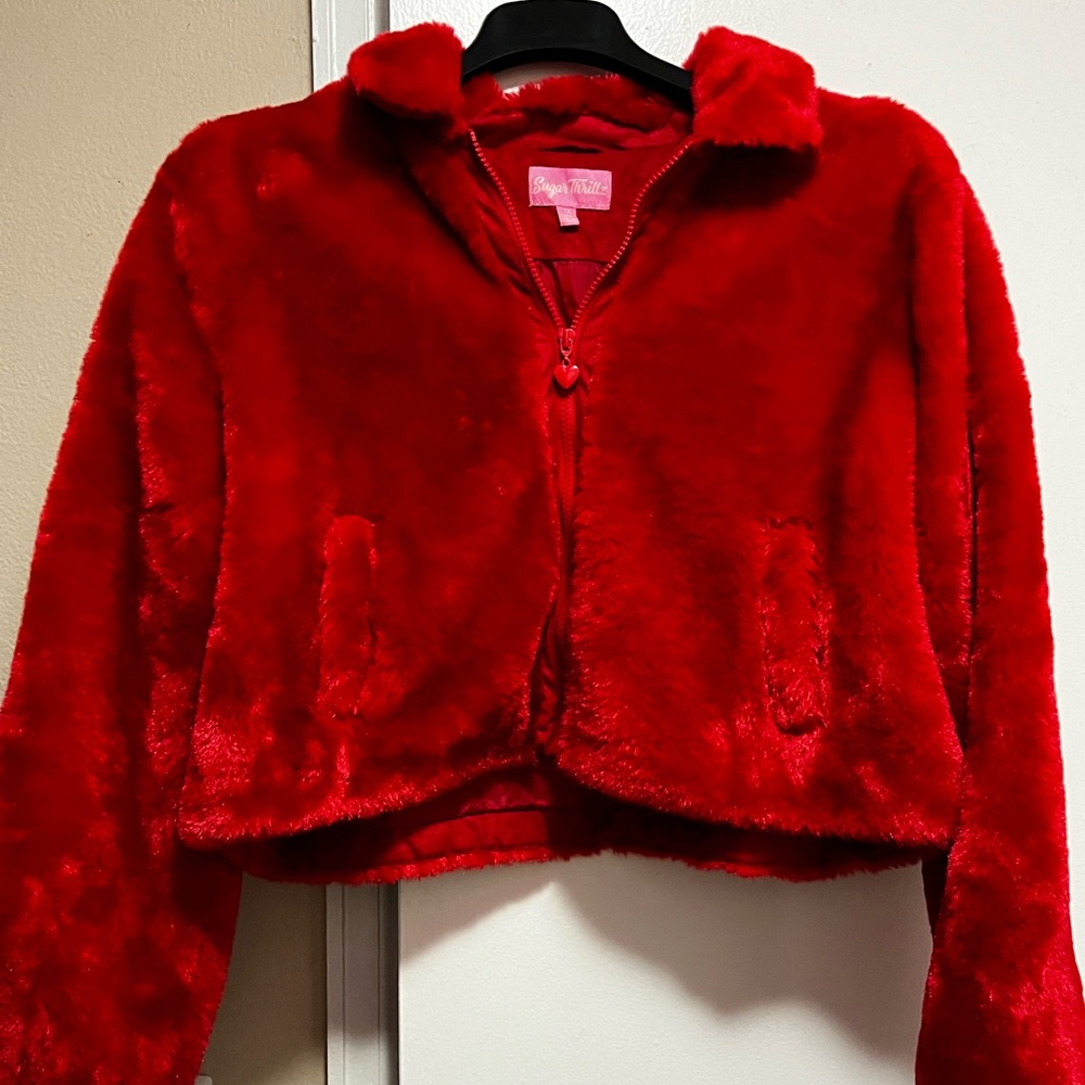 Sugar Thrillz Vibrant Red Womens cropped Puffer Jacket